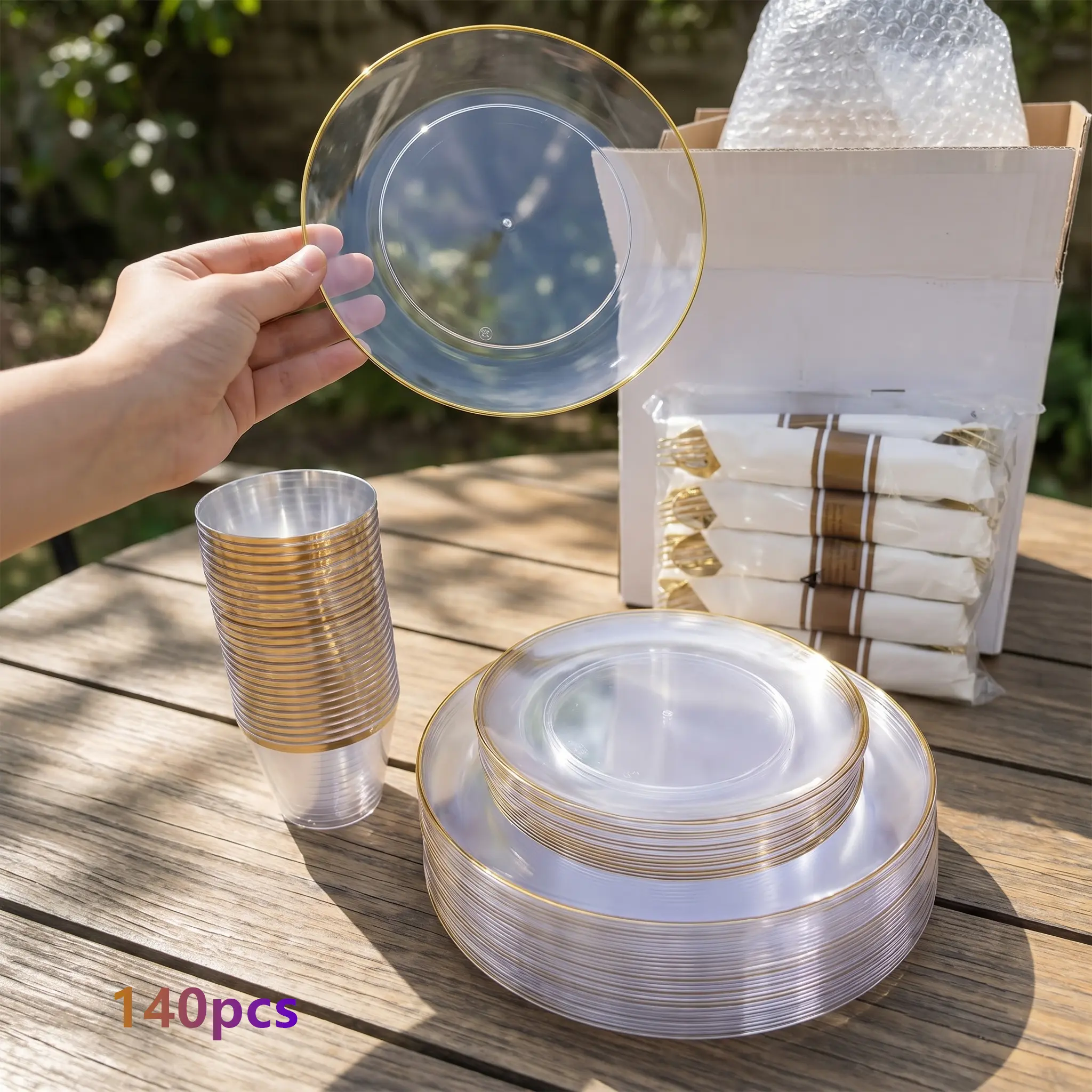 140Pcs Gold Plastic Plates Set , Clear Disposable Plates with Gold Trim, gold Dinnerware Include 20Dinner Plates,20Salad Plates, 20Cups,20Silverware With Pre Rolled Napkins