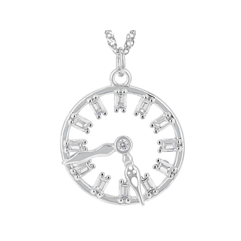 JTV White Cubic Zirconia Rhodium Over Sterling Silver Clock Pendant 1.28ctw
