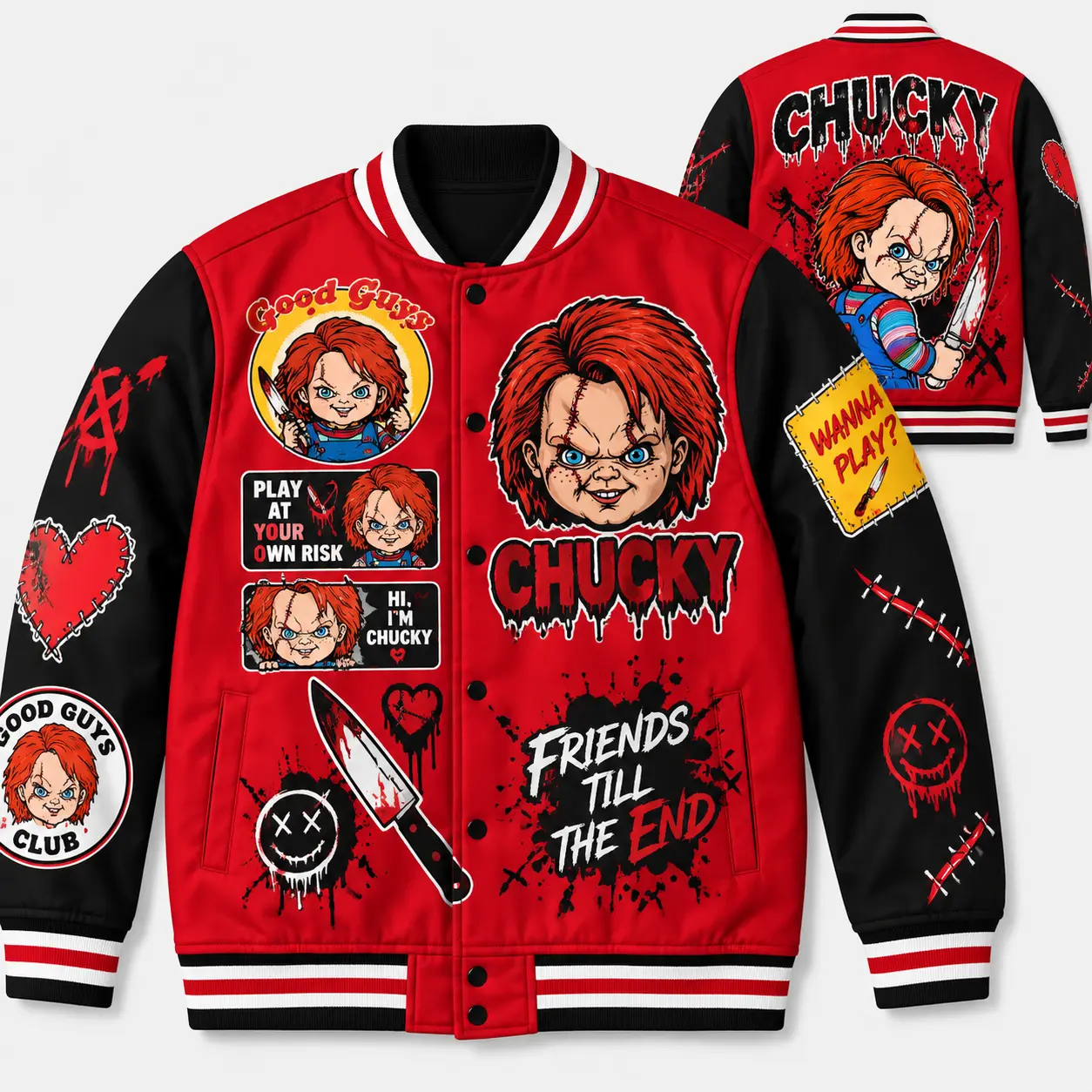 Chucky Varsity DIEUAI Jacket All-Over Printed Graphic Killer Doll Horror Movie Apparel