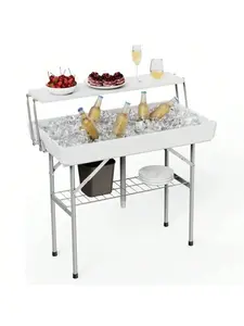 Gaomon Outdoor Ice Cooler Folding Table - 2-Tier Design with Drain, Removable Skirt, Extra Storage Shelf, Indoor/Outdoor Use for Parties, Camping, BBQ, White