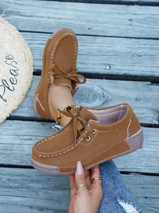 Women's Casual Flat Walking Shoes, Solid Color, Laced Up, Low Heel, Suitable for Sports, Home Use, All Seasons Wear