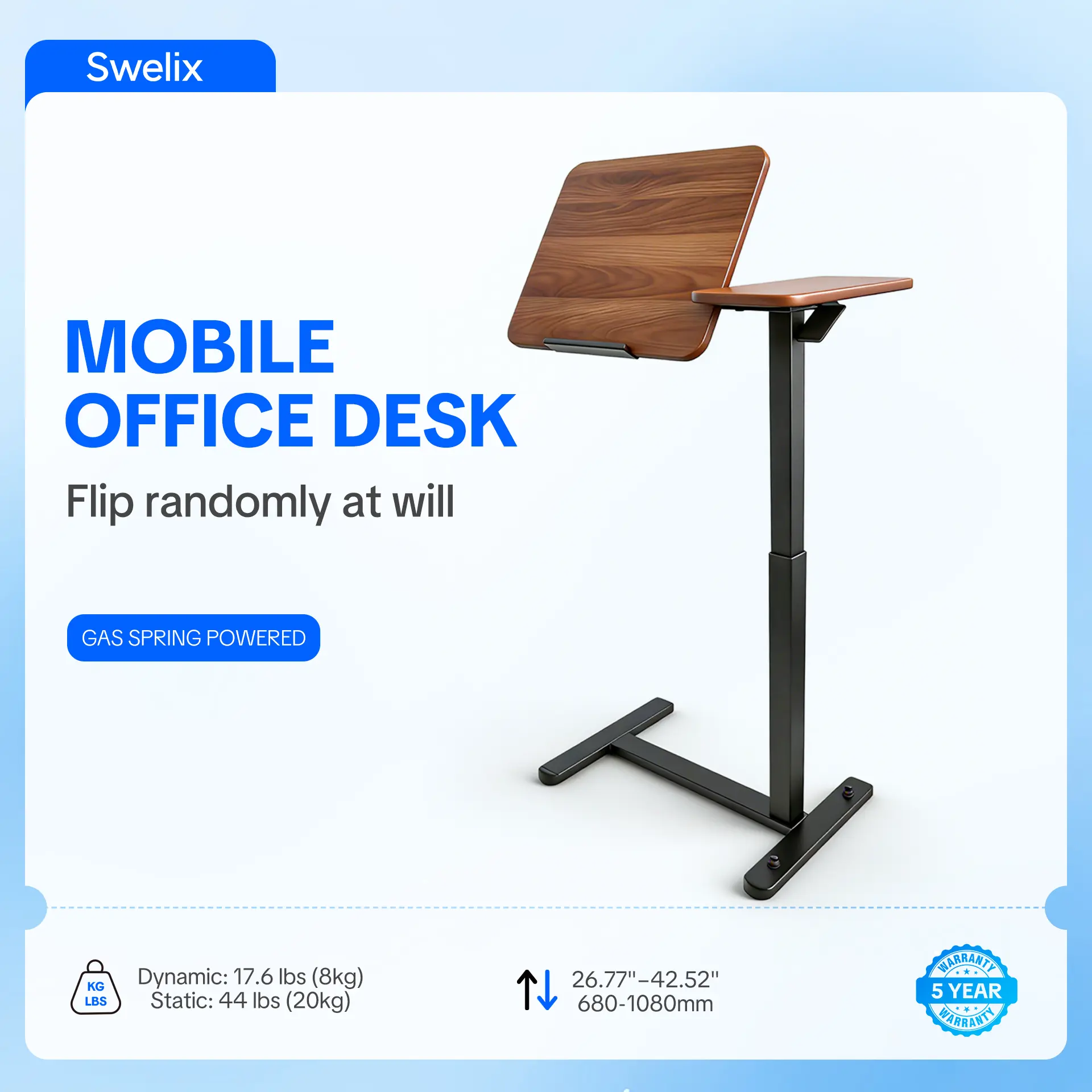 SWELIX Mobile Desk - Adjustable Height for Desk, Iron & Particle Board Build, 1.5mm Thick Base, 10kg Edges, Multi-Height Adjustment, 60° Tilt, 44lb Static Load, 17.6lb Dynamic Load, Ergonomic for Office & Home Use, Adjustable Laptop Stand For Desk, 50X50m