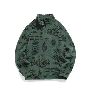 Men's Winter Fleece Half-Zip Hoodie, Loose-Fitting Ethnic Aesthetic Style Pullover, Warm Casual Top with Stand Collar, Ideal for Cold Weather, Casual Fashion Sweatshirt