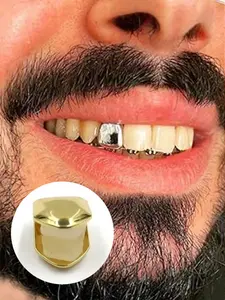 1pcs Grillz Gold Tooth Cap Grillz Teeth Men Gold Teeth Grills for Your Teeth Gold/Silver Single Grillz for Women, Teeth Cover Girls, Gold Jewelry Hip Hop Rapper Costume Smooth Metallic Dental Grillz Tooth Gems