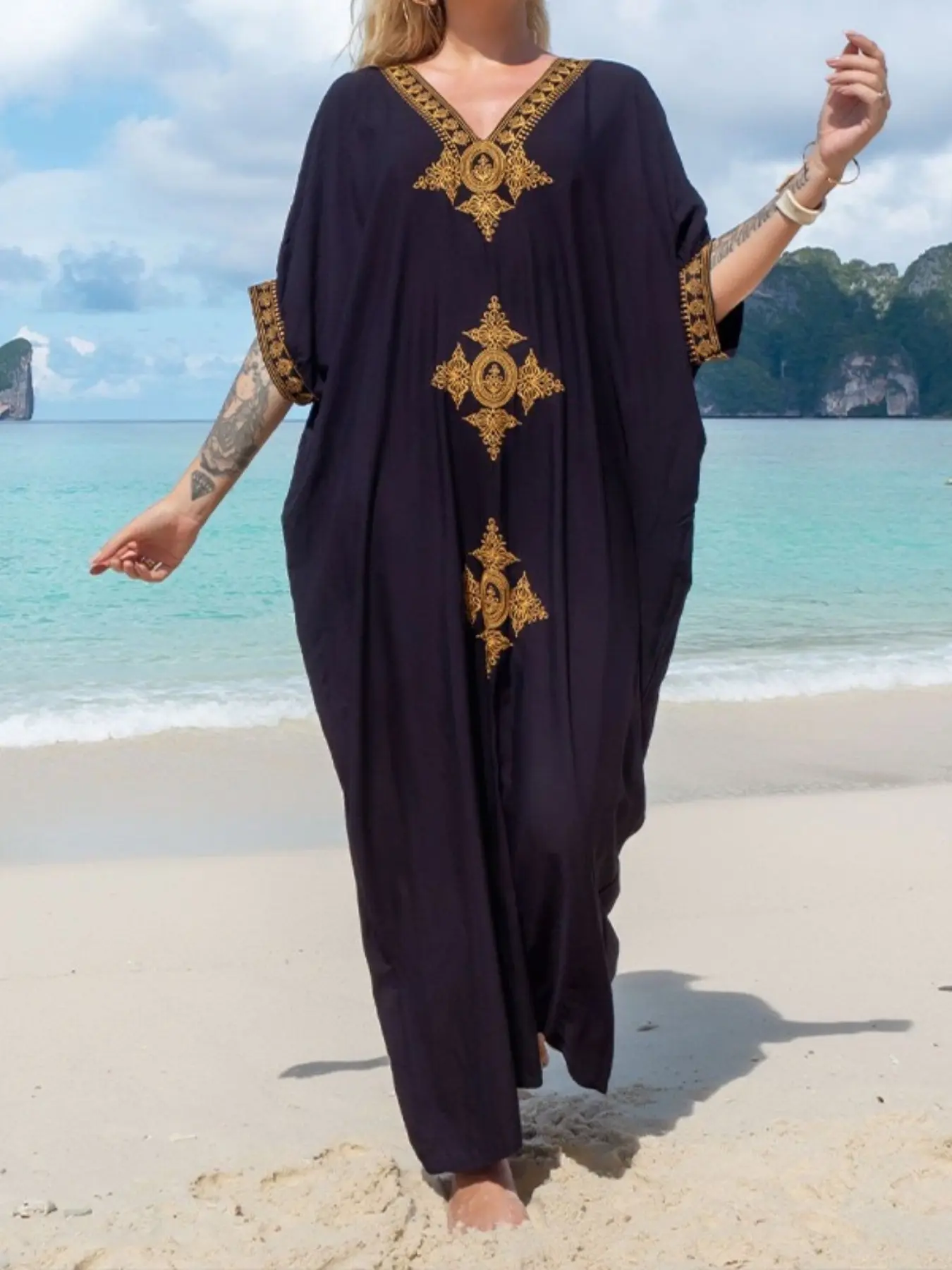 Boho Beach Kaftan Boubou Robe, Boho Casual Kaftan, Star Embroidery Maxi Dress, Elegant Loose-Fitting Long Sleeve Jumper, Fall & Winter Loungewear