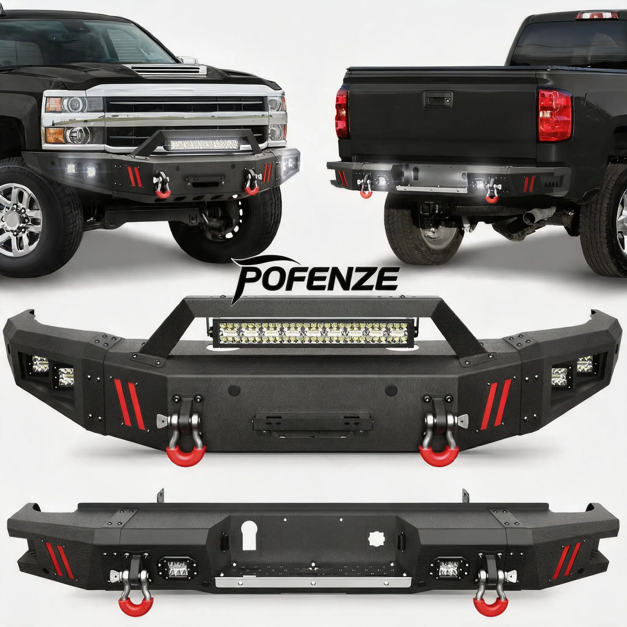 POFENZE-NADIA Silverado Front + Rear Bumper Combo for 2015-2019 Chevrolet Silverado 2500/3500 HD, Full Width Front & Rear Bumper for Chevy Silverado Pickup Truck, w/Winch Plate, D-Rings, LED Lights fck bars rigid industries beds