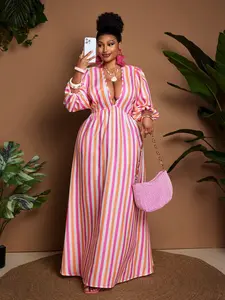 Women's Plus Size Striped Dress, V Neck Lantern Sleeve, Waist Cinch A-Line Long Dress, Summer Vacation Wear