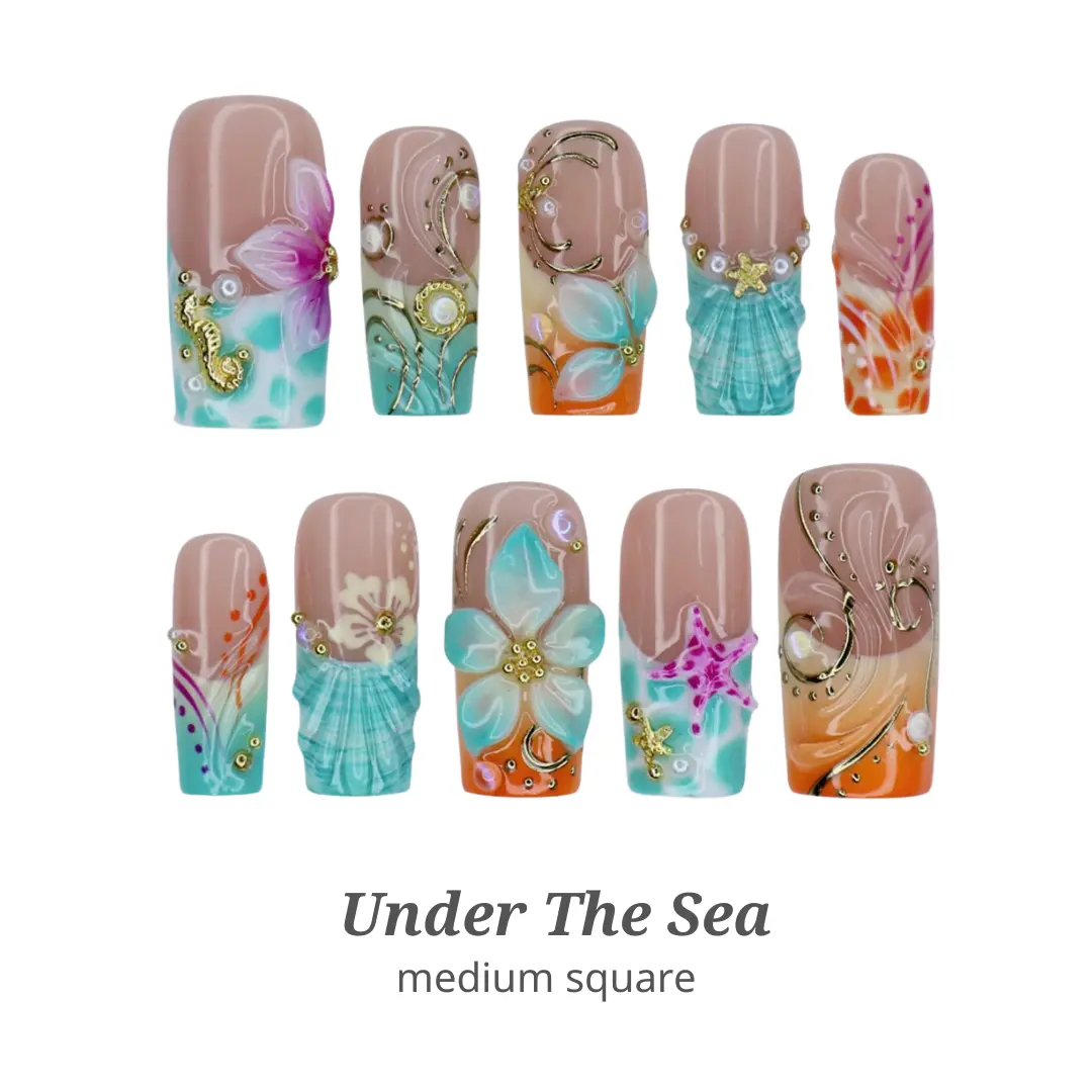 Lilynailsart | Under The Sea Press On Nails - Mermaid Seashell, Starfish & Tropical Flower Nail Art - Medium Square