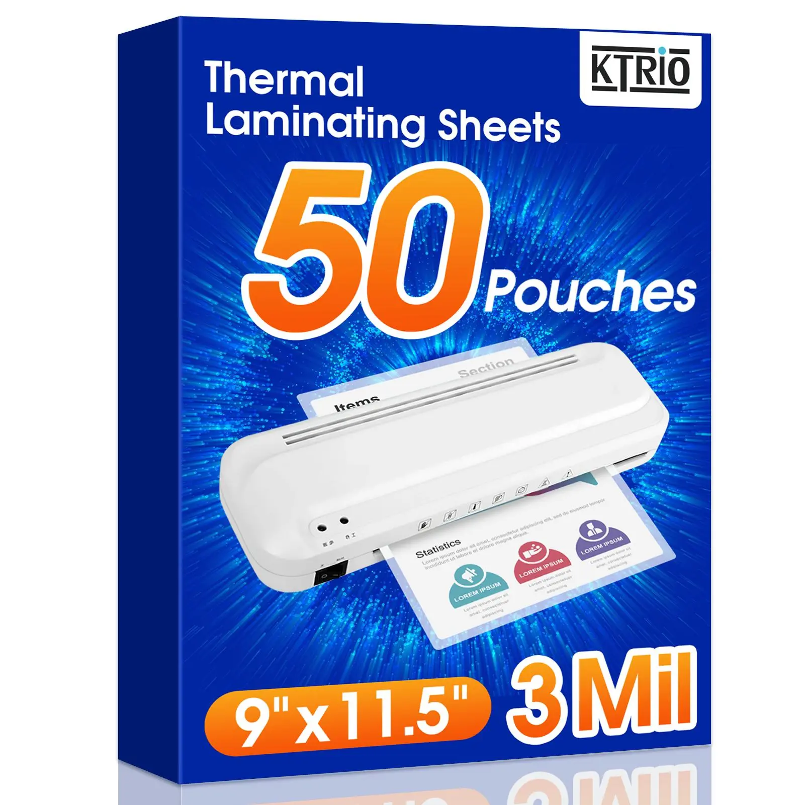 KTRIO 50 Pack Laminating Sheets, 3 Mil Clear Thermal Laminating Pouches, 9 x 11.5 Inch, Fits 8.5 x 11 Letter Size Paper, Laminator Sheets for Documents, Photos, Menus, Office, School & Classroom