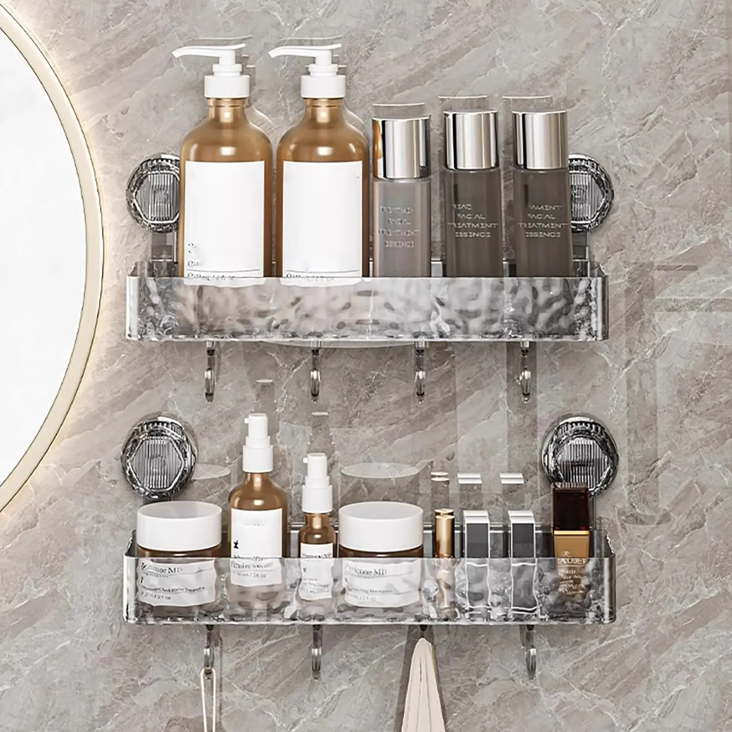 2pcs Acrylic Light Luxury Durable Transparent Rectangle Glacier Suction Cup Shelves - Punch-Free, No-Drill, Rust-Resistant Bathroom Shower Caddy with Hooks, Bottle Holders, Classic Hollow Shampoo Organizer, Wall-Mounted Holder (Includes 1ps Accessory), Ba