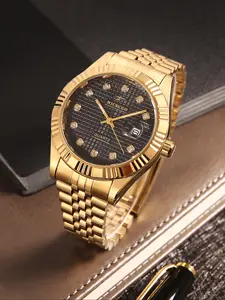 RICECGO Men's, Gold-Tone Casual Business Timepiece, Mesh Dial with Diamond Accents, Solid Gold Bracelet with 3D Bezel, Date Display, Design Suitable for Daily Commutes and Light Business Settings, Business Fashion Watch, Quartz Analog Wristwatch