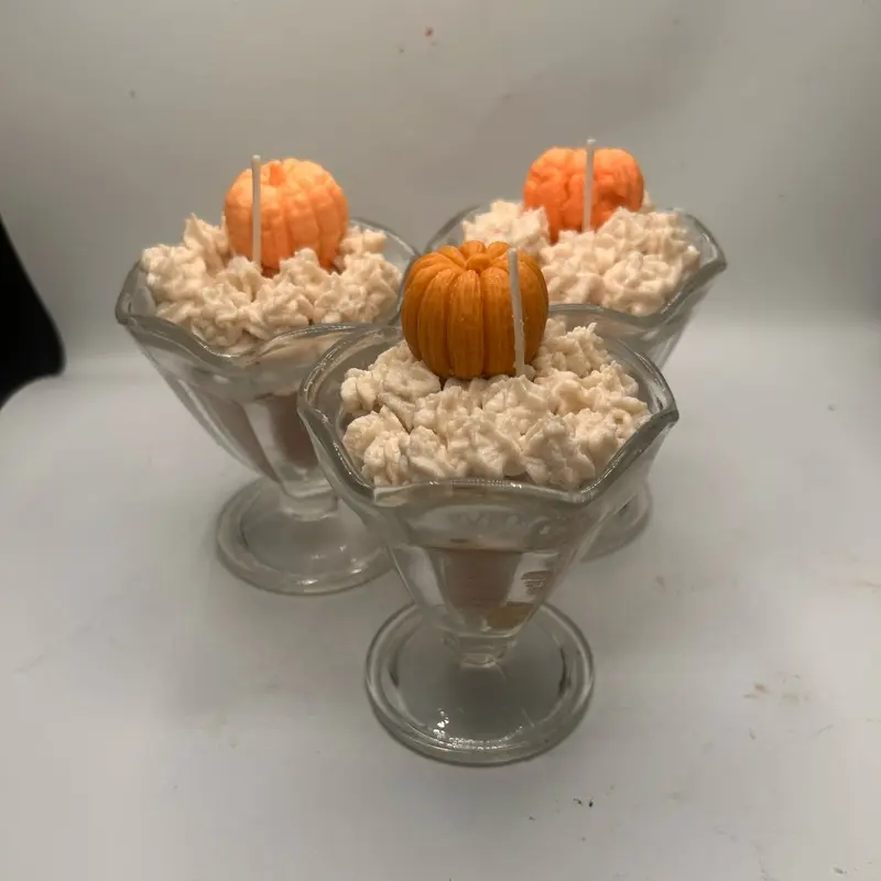 Creamy Vanilla Pumpkin Latte Candle in Elegant Dessert Glasses with Miniature Pumpkin Centerpiece