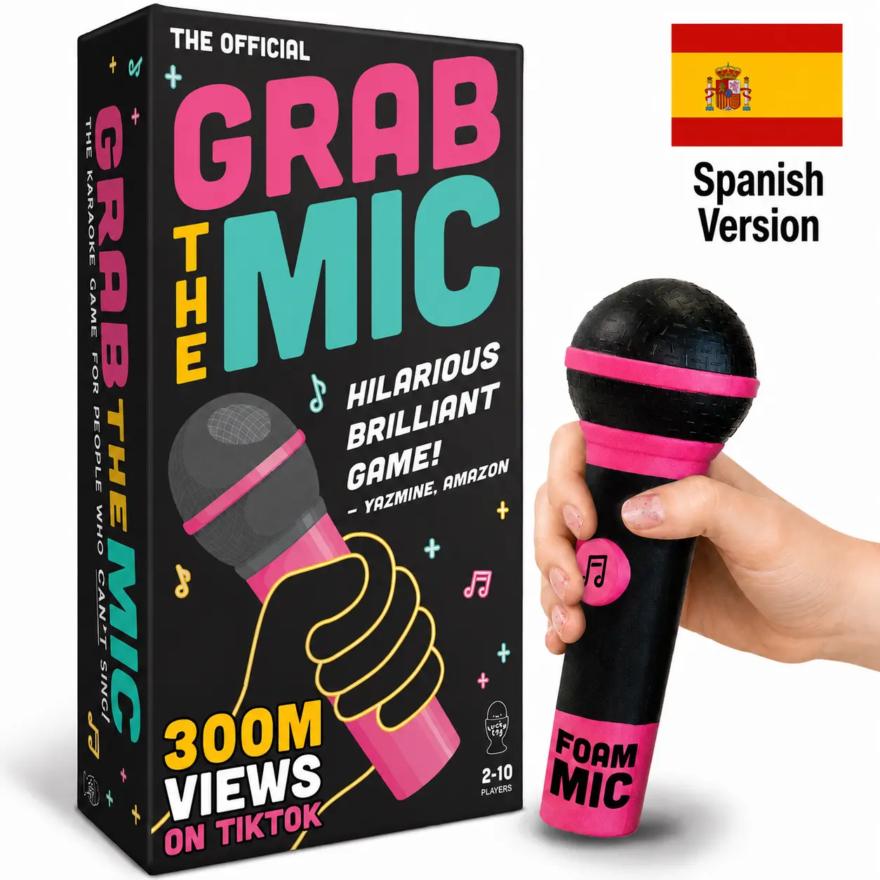 Grab The Mic Spanish Version - Karaoke-Style Game with Foam Microphone 125 Word Cards Game Board Player Tokens & Easy Instructions for Non-Singers
