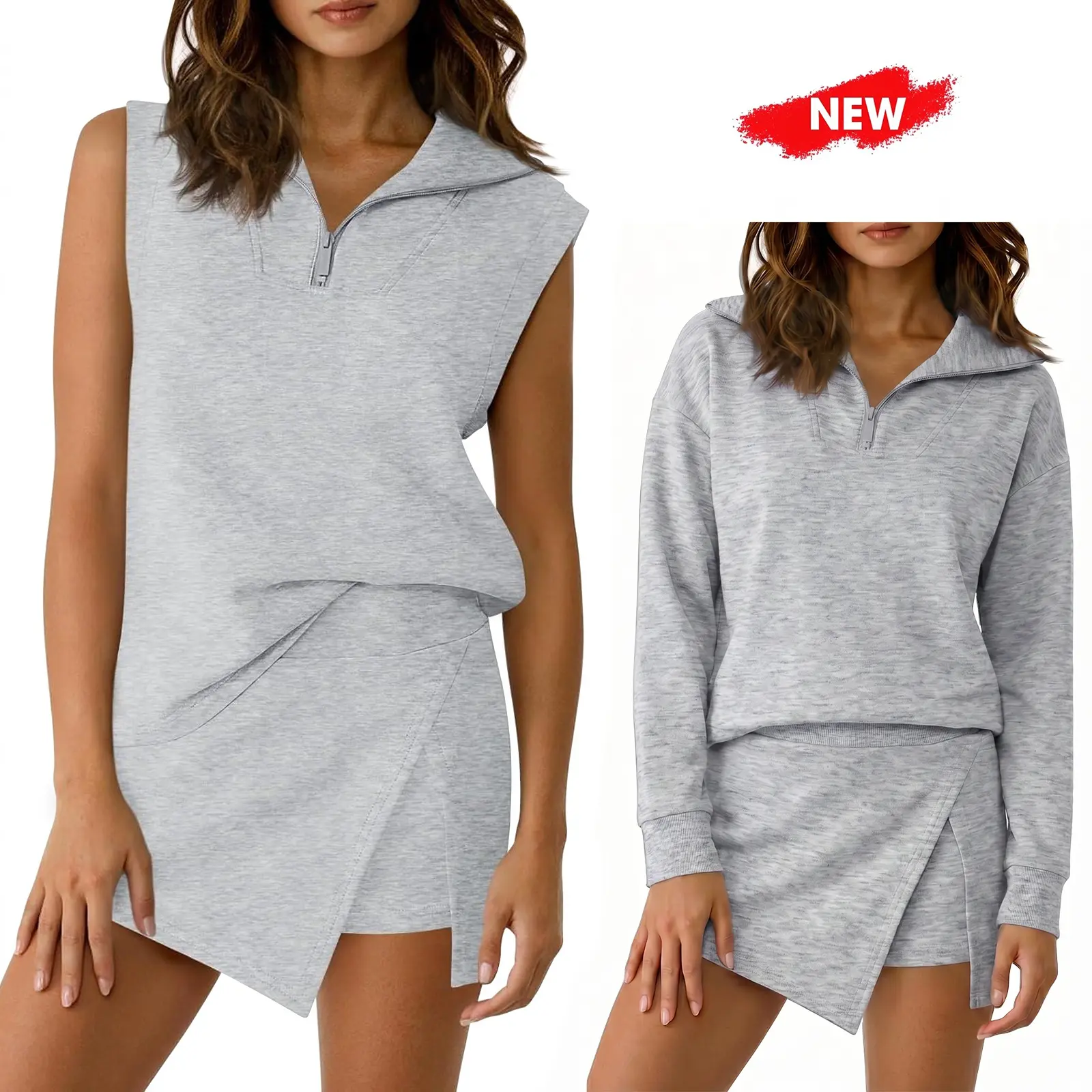 [HOT] Fisoew Women's 2-Piece Athleisure Outfit Sleeveless Half-Zip Sweatshirt & Long-Sleeve Skort Fitted Sportswear Set Casual Set Sports Clothing SohoChic