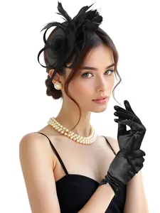 Women & Girls Hair Accessory Hat Set, Feather Tea Party Hat, Wedding Net Hat with Headband Clip and Gloves, Two-Piece Set