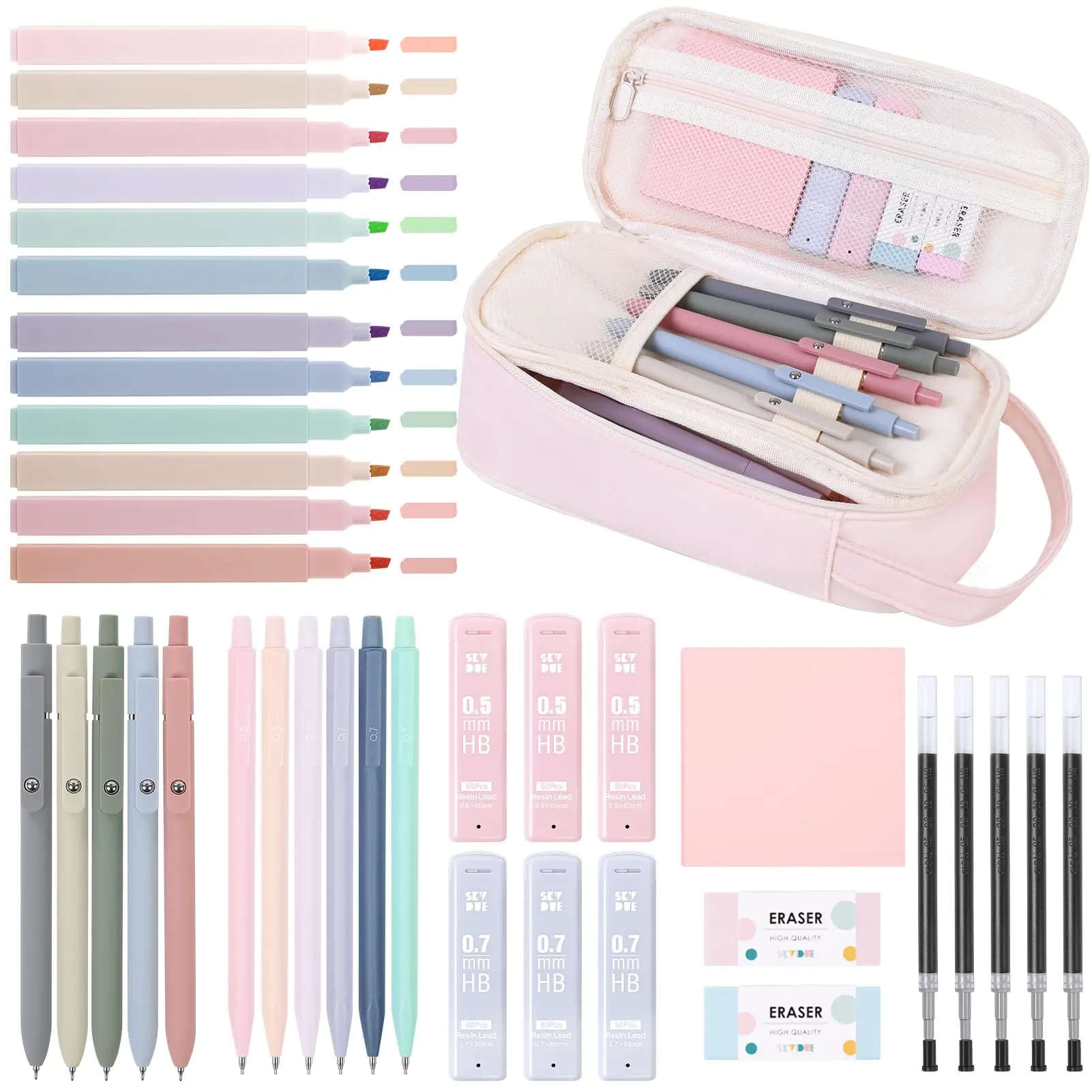 SKYDUE School Supplies Kit, 38 PCS Cute Stationery Set with Large Pencil Case, Pens, Mechanical Pencil Set, Highlighters & Refills, Aesthetic School Supplies for College, Back to School,back to school shopping