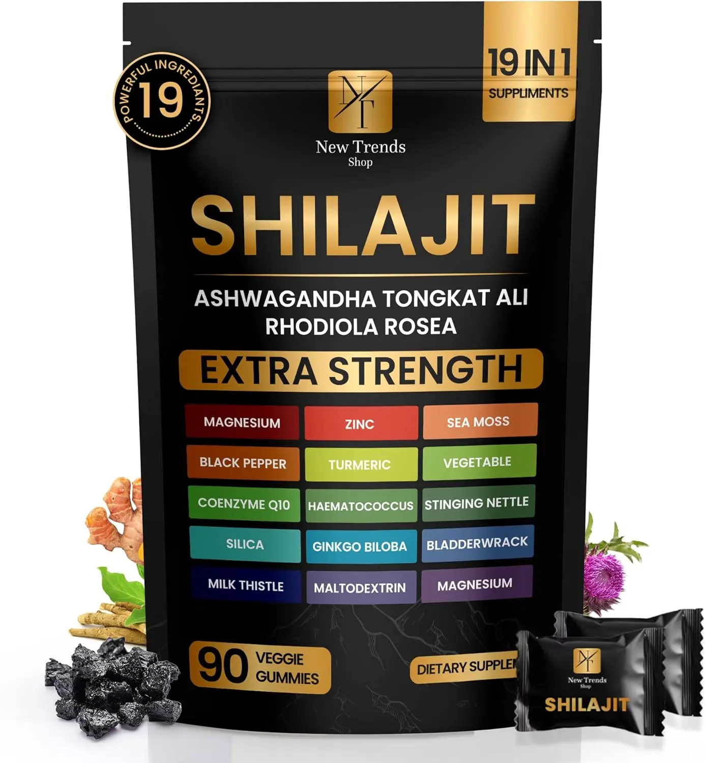 Himalayan Organic Fulvic Acid Shilajit Gummies, 19-in-1 with Sea Moss, Ashwagandha, Tongkat Ali - 90 Count Wellness Supplement