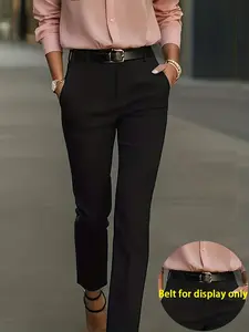 Women's Elegant Solid Color Commuter Slim Fit High Waist Straight Leg Pants, Slant Pocket Design, Casual Business Suit Pants, Soft Comfortable Fabric