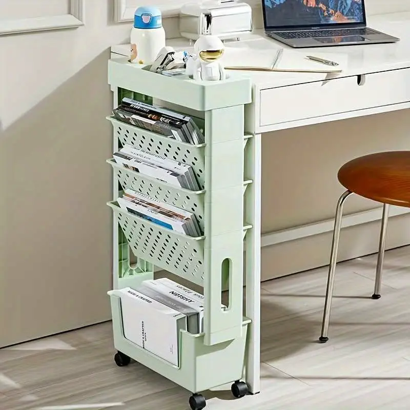 5-Tier Rolling Mobile Bookshelf Racks, Wheel-Equipped Freestanding Storage Organizer for Office, Study, Living Room