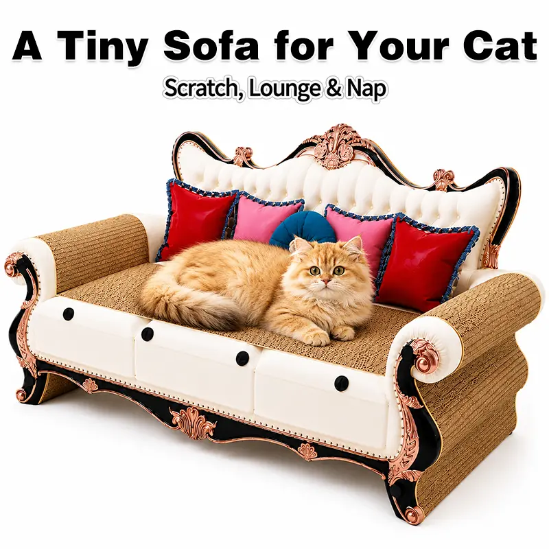 Cat Sofa Scratcher Bed with Large Corrugated Scratch Area, 2-in-1 Cardboard Cat Couch Lounge for Scratching, Napping, Stretching & Furniture Protection