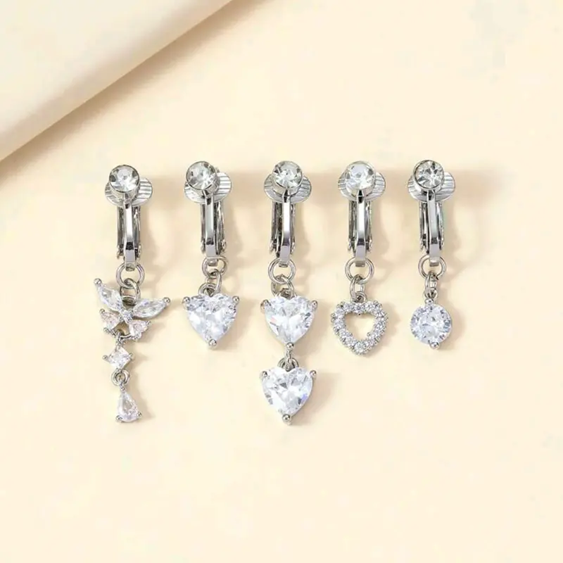 5 Pcs Fake Belly Button Rings, Belly Hoops for Women, Non-Pierced Copper Navel Jewelry, Casual Style All-Season Accessory, Chic Body Jewelry, Fake Piercings