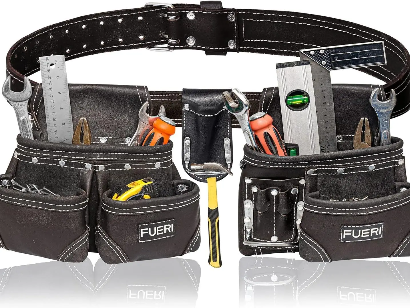 FUERI Natural Oil Tanned Leather Tool Bag with Hammer Holder & Work Belt | Multipurpose Tool Organizer for Carpenters & Tradesmen | Add to Cart | Buy Now