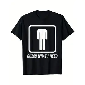 100% Cotton Men's Retro "Guess What I Need" Graphic Crew Neck T-Shirt - Short Sleeve, Black with White Text & Icon Design, Casual Casual Attire, Adult funny T-shirt, Gift for Woman and Man