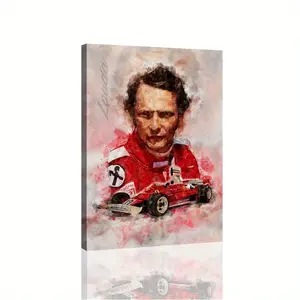 2D canvas wall art with frame, featuring Nicky Lauda and a red racing car (number 7), showcasing dynamic movement. Perfect for decorating a bedroom and also makes a great gift for sports fans