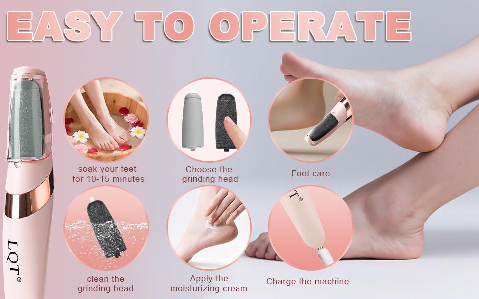 LQT Rechargeable Electric Foot File - Professional Pedicure Tool for Dead Skin, Hard Skin, Cracked Heels, with LED Light & 2 Grinding Heads
