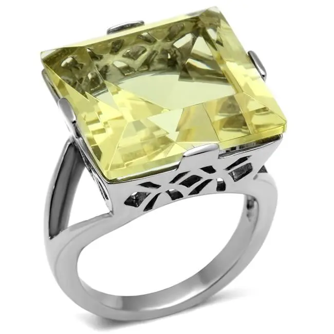 Women's High-Polished Stainless Steel Ring with Top-Grade Citrine Yellow Crystal Accent - Size 6