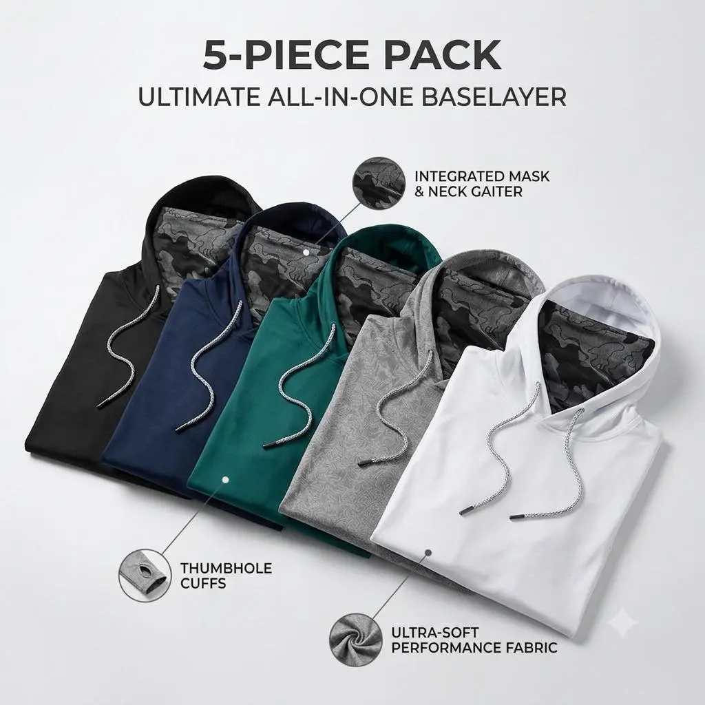 5 Pack Unisex Sun Protection Hooded Shirts with Attached Face Mask, Quick Dry Breathable Long Sleeve Compression Athletic Tops, Lightweight Cooling Performance Activewear for Fishing, Hiking, Running, Construction, Outdoor Work and Daily Wear