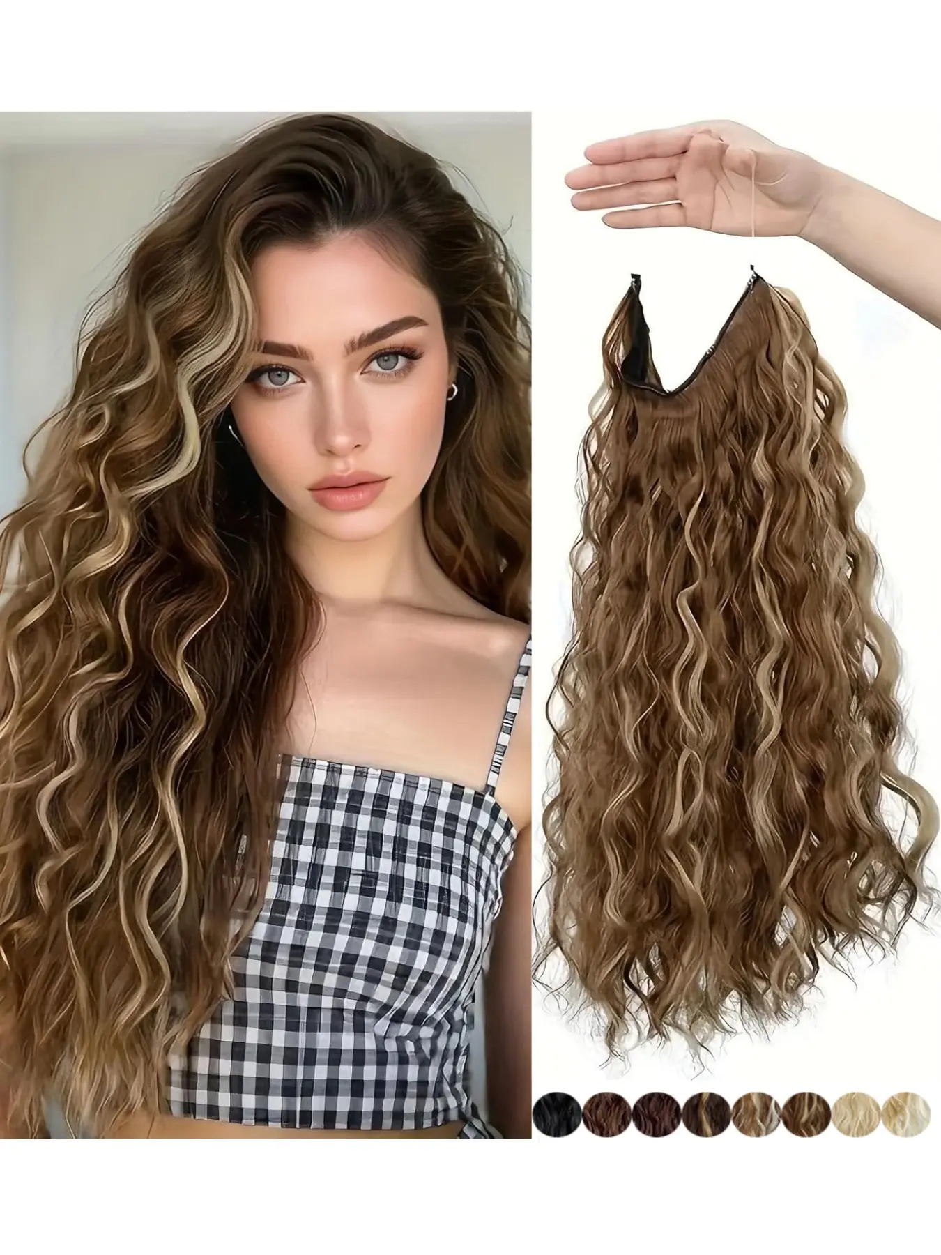 Invisible Metal Wire Wig Water Wave Fish Line Hair Piece Adjustable Size 4 Clips Large Wavy Extensions Suitable for Women Wavy Synthetic Curly Wavy Hairpiece Wavy Hairpieces