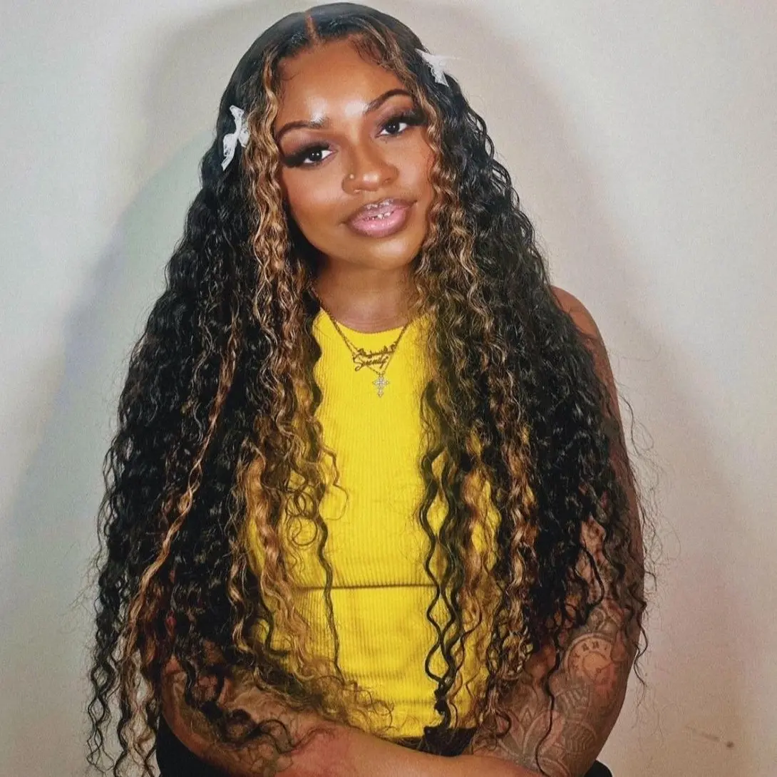 Amanda Hair Glueless Blonde Highlight 7x5 Pre-cut Pre-bleached Lace Closure Deep Curly Wave Wig Human Hair Burmese Curly Wig #Backtoschool