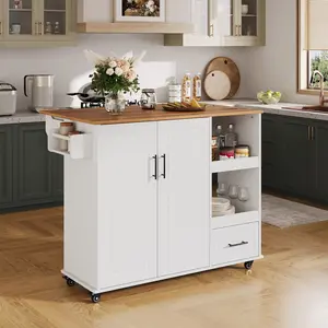 48" Mobile Kitchen Island on Wheels Rolling Kitchen Cart with Drop Leaf Butcher Block Top Drawer Spice Rack Open Shelf Lockable Wheels