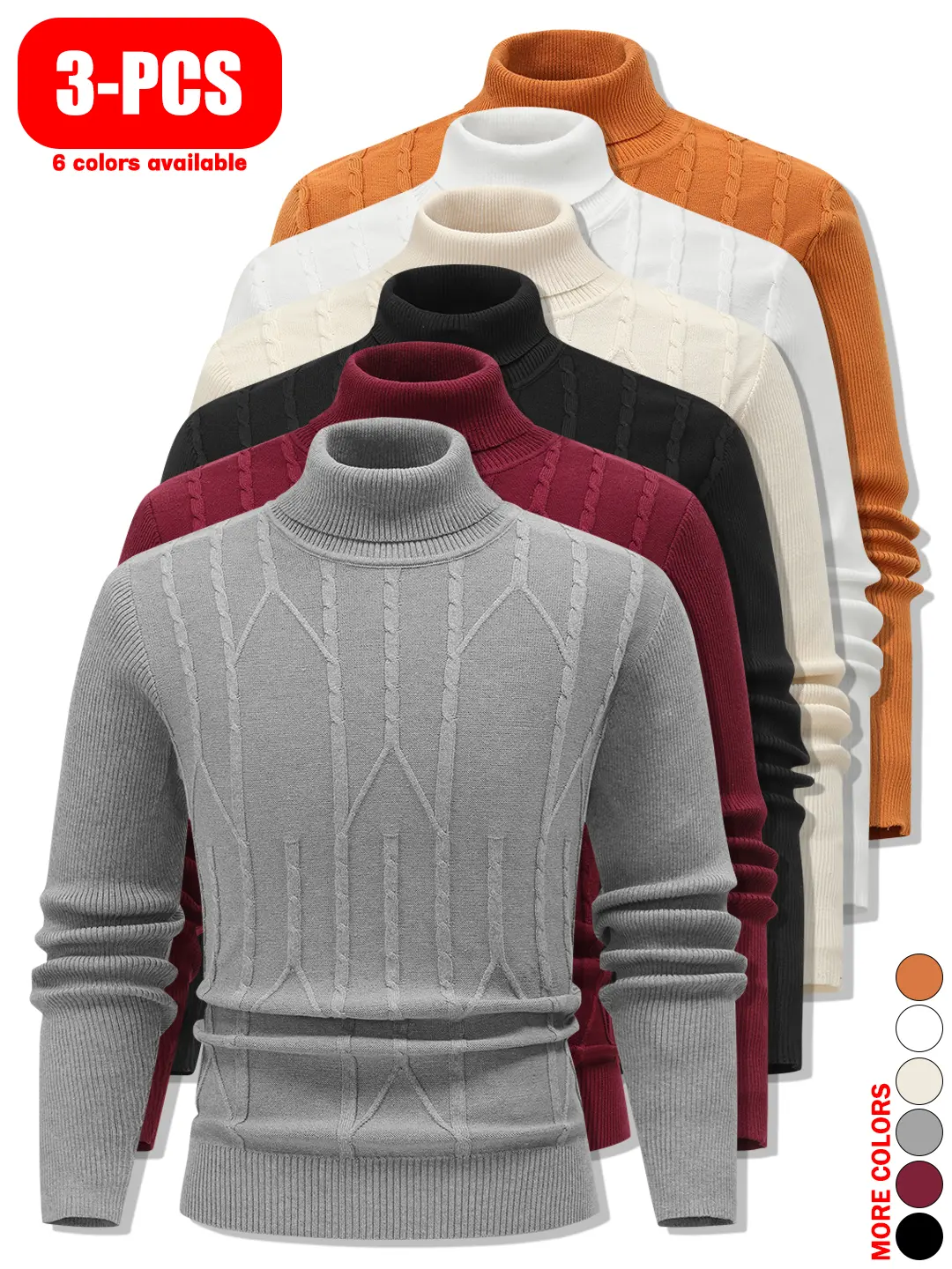 3-piece set of men's casual high-neck sweaters. Autumn and winter fashion classics.Made with comfortable, skin-friendly fabric.Suitable for home activities, going out, and commuting
