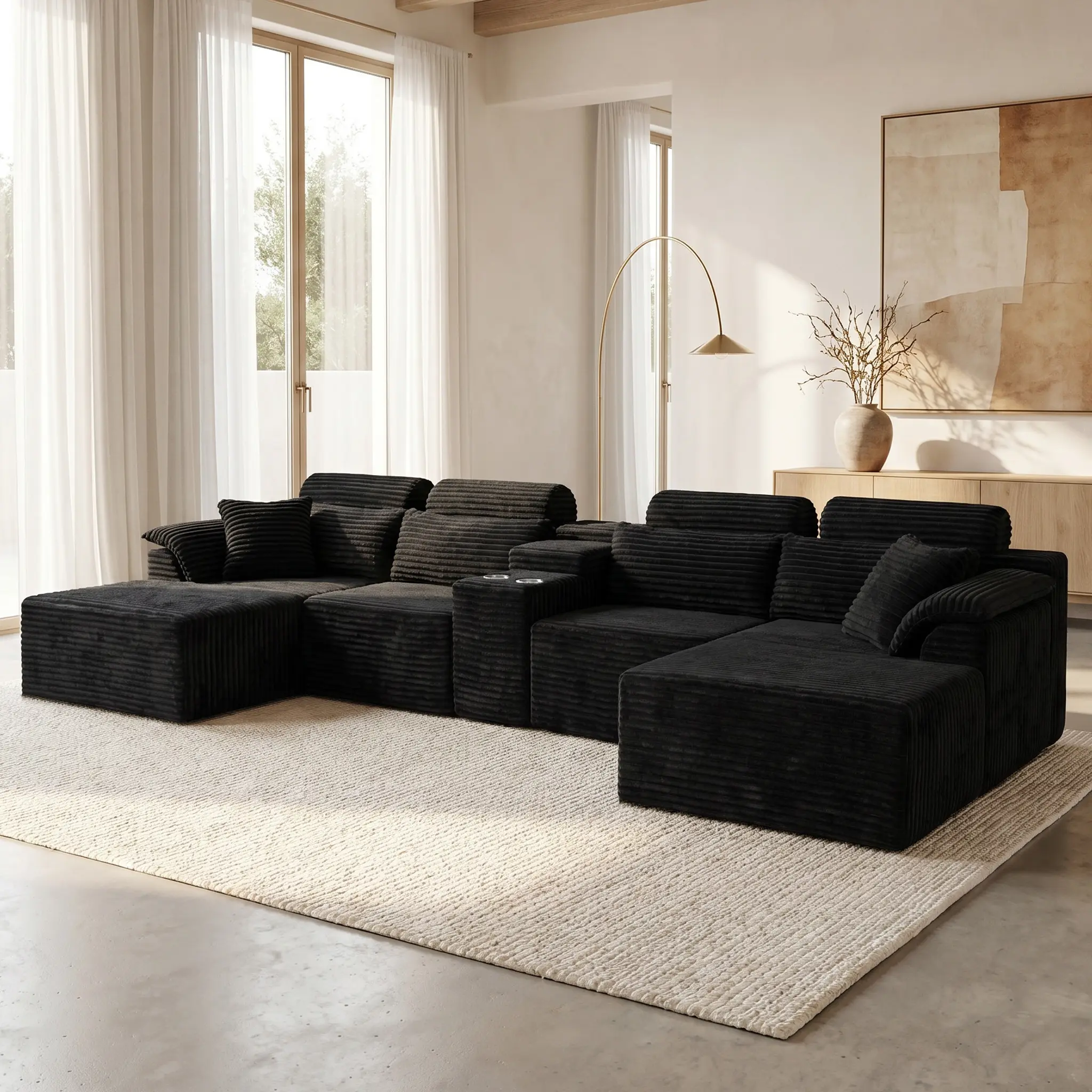 145" U-Shaped Cloud Modular Velvet Sofa, Modern Oversized Frameless Sectional Couch with Adjustable Sleeper Chaise Lounge, Cup Holder Storage for Living Room