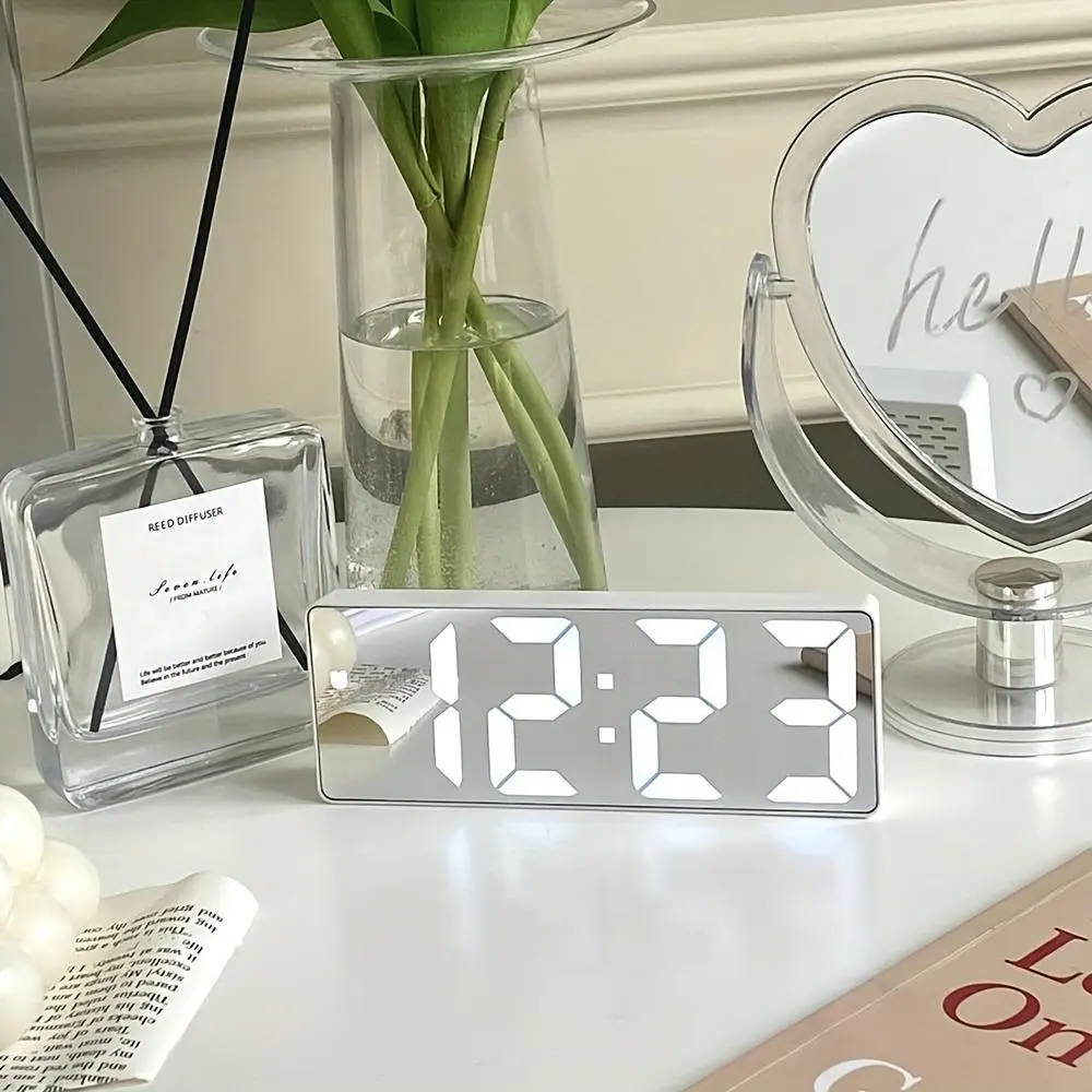 Lighted Modern LED Mirror Alarm Clock - Voice Control Digital Alarm for Waking Up, Snooze 5 Extra Mins, Soft Night Glow, Lightweight Black Plastic Desk Decor, USB Charging Home Bedroom Decor (Battery Not Included)