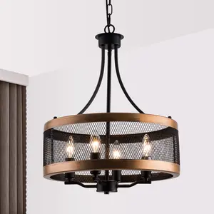 3-Light Black Farmhouse Chandelier, Rustic Candle Ceiling Hanging Light Fixture with Round Metal Shade for Dining Room