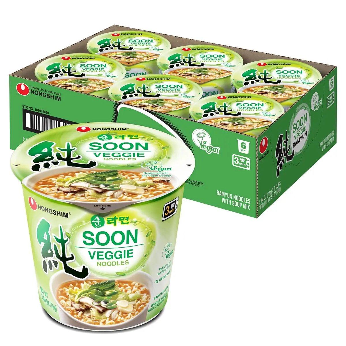 Ramyun Noodles, Signature Korean Instant Ramyun, Vegetable Flavored Broth, Vegan Noodles, Quick & Easy, Microwaveable Cup, 2.64 oz (Pack of 6)