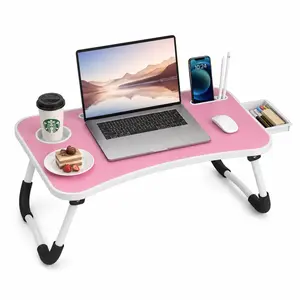 SummerVibes Adjustable Height Foldable Lap Desk 23.6" with 4 USB Charging Ports, Handle, Nonslip Durable Edge Slots, Cup Holder & Drawer for Reading Writing Eating & On-the-Go Use