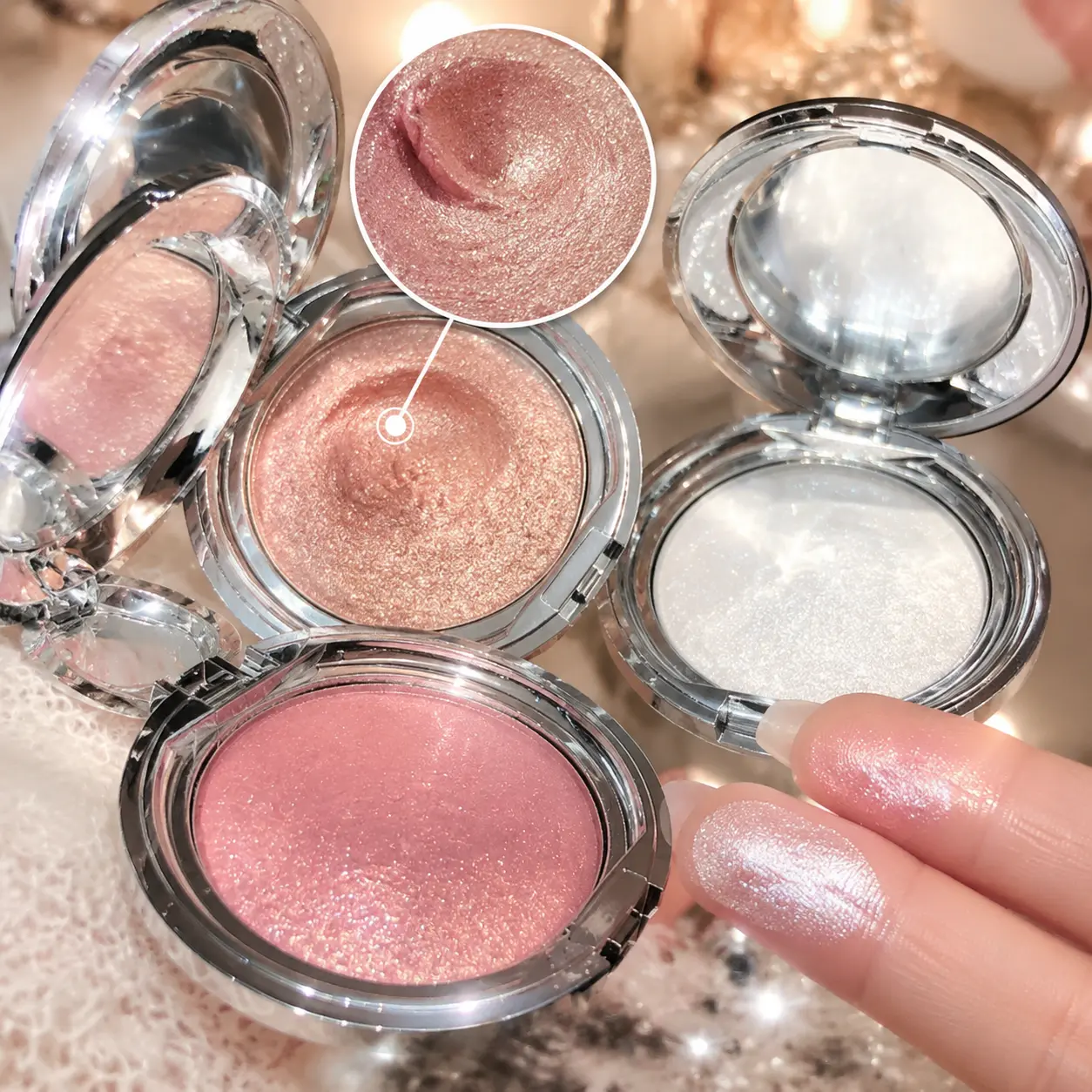 3 Pack Single Shade Highlighter Palette, Rose Gold Round Powder Case, Diamond Shimmer Pearlescent Glow, Long Lasting Non Smudge Multi-Use Glitter Cream For Face Eyes Cheek Bronzer, Perfect For Korean Daily & Halloween Party Makeup