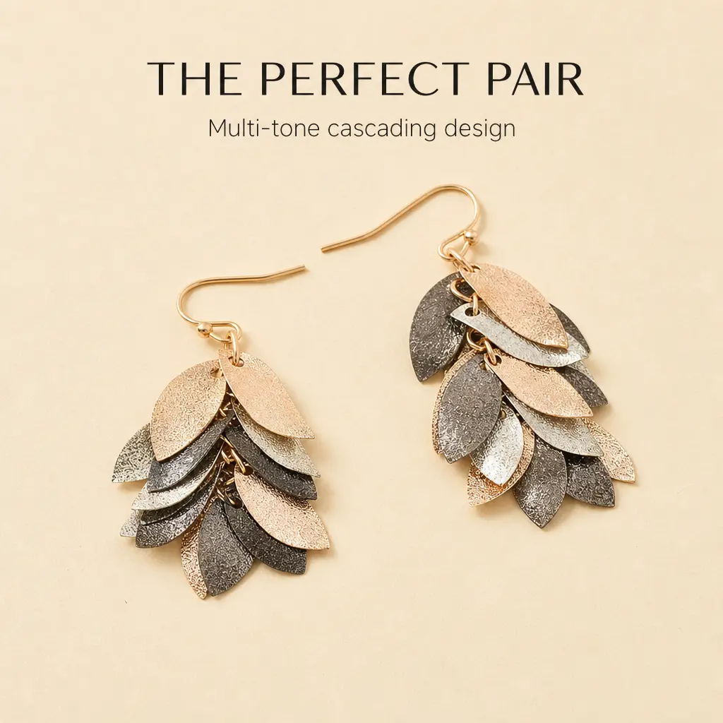 The Perfect Pair Multi-tone Cascading Design Earrings with Leaf Motif and Gold Tone Hook women