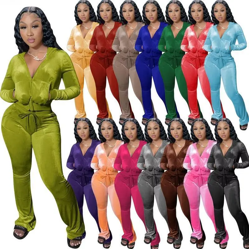 Women Autumn Two Piece Outfits 2 Piece Velour Tracksuit Velvet Sweatsuits Zip Up Hooded Jacket Flared Pants Jogger Sets