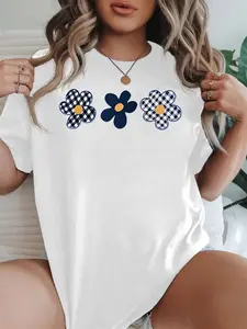 Women's Casual Short Sleeve Crew Neck Cotton T-Shirt - Gingham Flower Print, Multiple Colors, Machine Washable, Spring/Summer Top, Soft Skin-Friendly Fabric, Daily Wear, Fashion Design