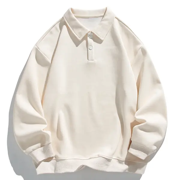 Men's Classic Beige Polyester Knit Polo Sweater - Fashion Minimalist Athletic Style, Easy Loose Relaxed Fit, Buttoned Placket Collar, Long Sleeve Plain Menswear Tops