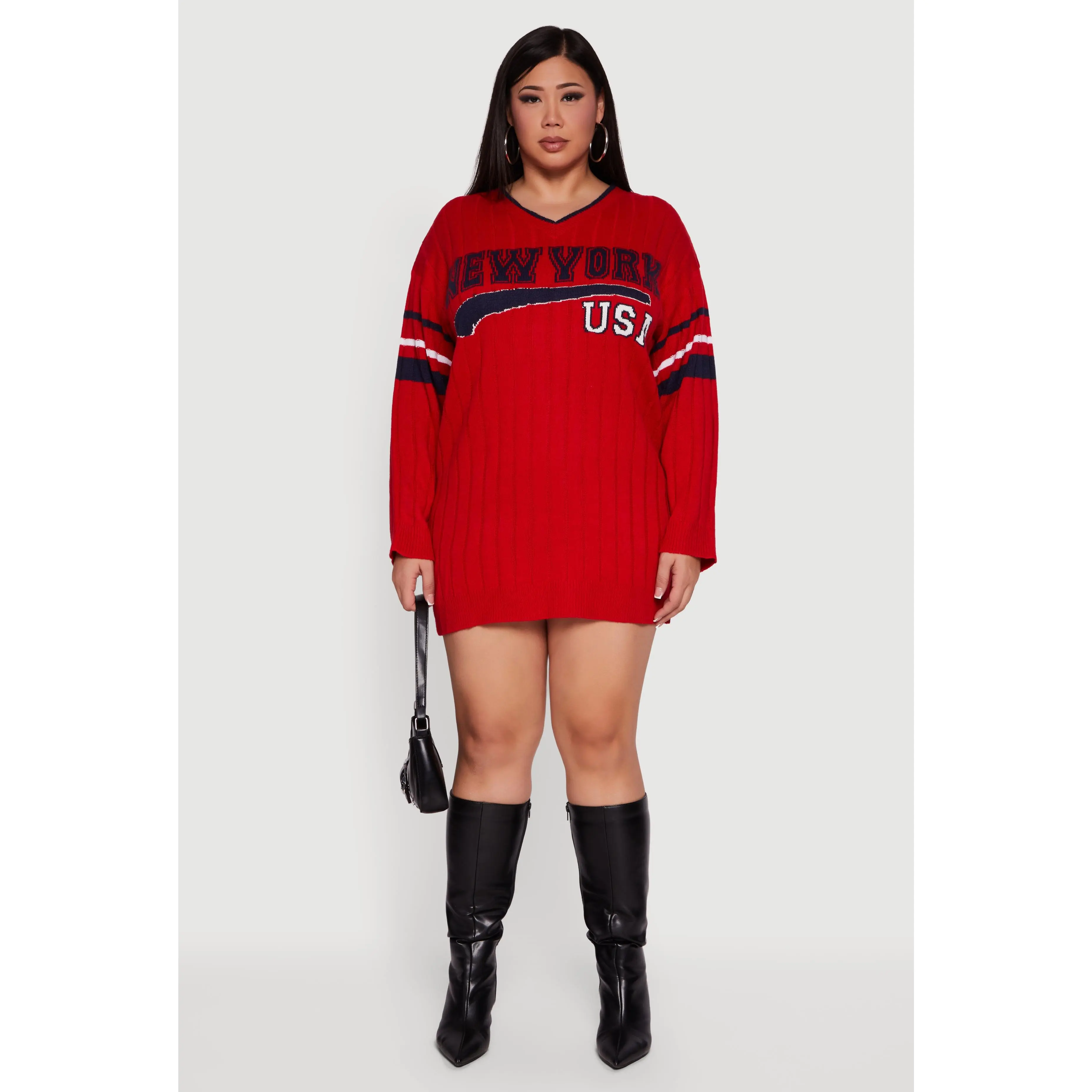 Plus Size New York USA Graphic Long Sleeve Sweater Dress