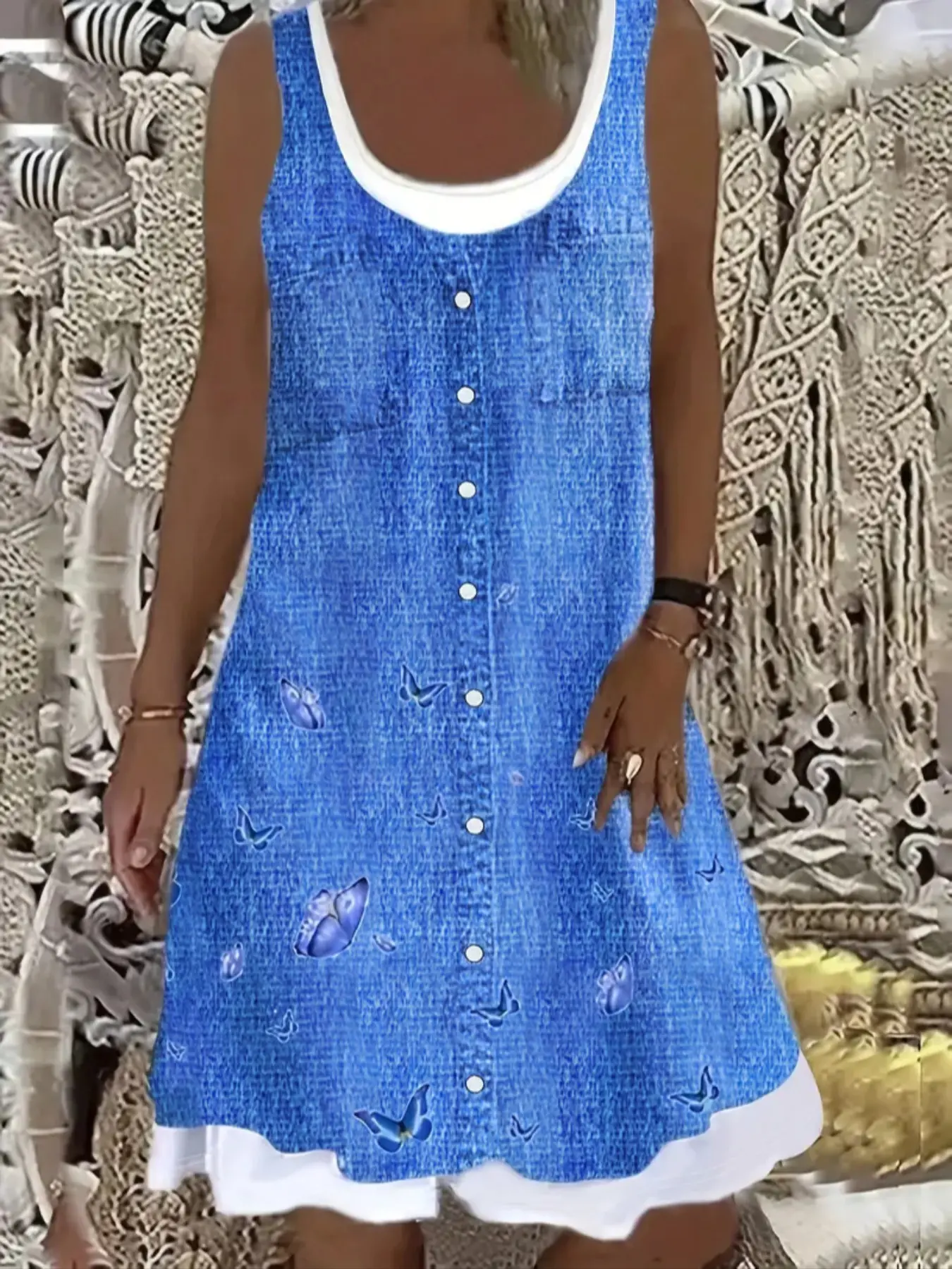 Fashionable Plus Size Butterfly Print Casual Comfortablepajamas Sleeveless Home Dress, Stylish Loose Fit Summer Wear, Women's Daily Wear Loungewear