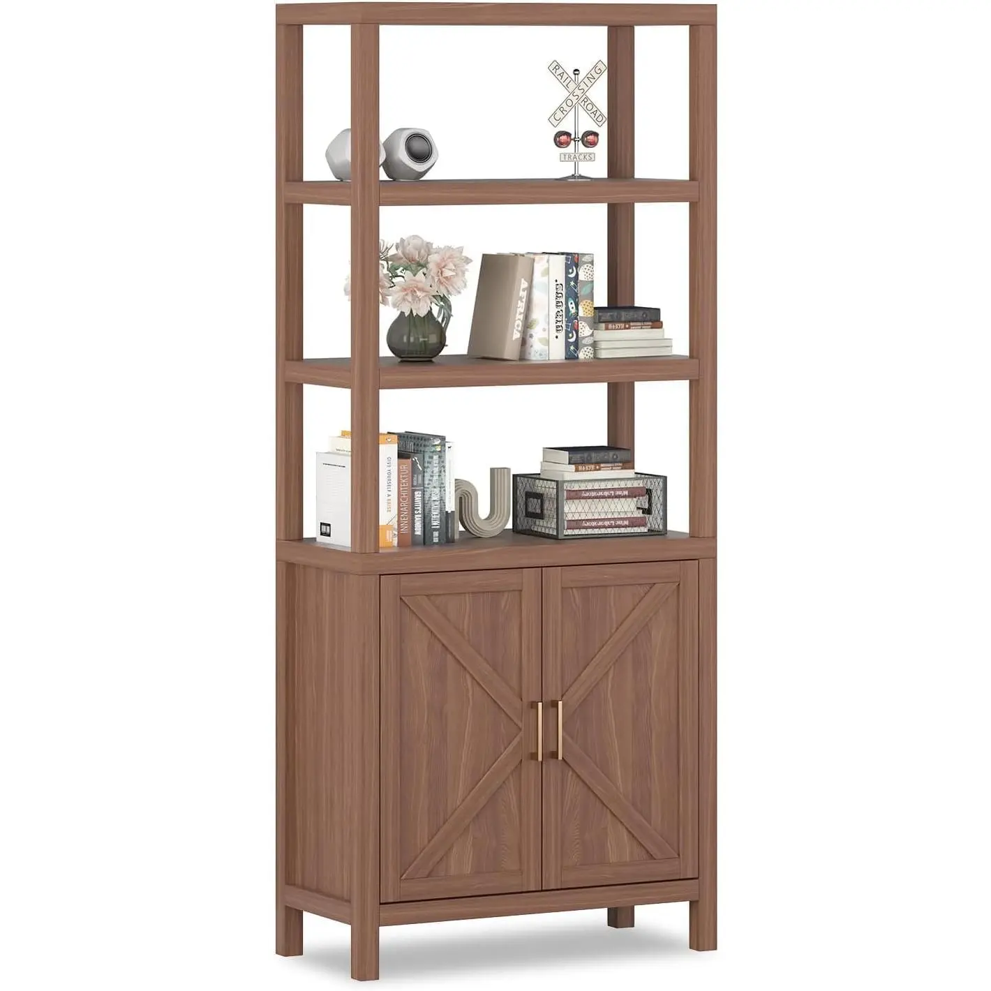 - 5-Tier Mid-Century Modern Oak Bookcase with Doors. 71" Tall Thick Wood Display Cabinet Freestanding Storage. Oak