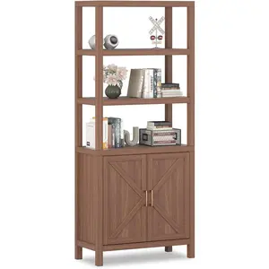 - 5-Tier Mid-Century Modern Oak Bookcase with Doors. 71" Tall Thick Wood Display Cabinet Freestanding Storage. Oak