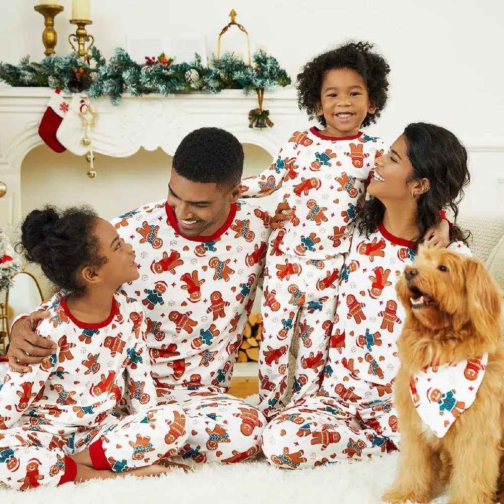 PatPat Family Matching Christmas Pajamas, Comfortable Gingerbread Man Print Polyester Spandex Loungewear, Long Sleeve Pullover Set for Baby & Adults